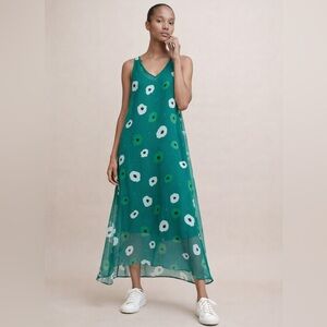 Amour Vert Silk Maxi Dress Green Floral Sleeveless Size M